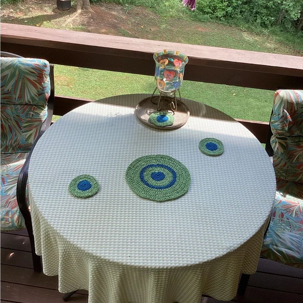 Doily Coaster Set Hand Crafted Green Boho Blue Bar Cart Accessory